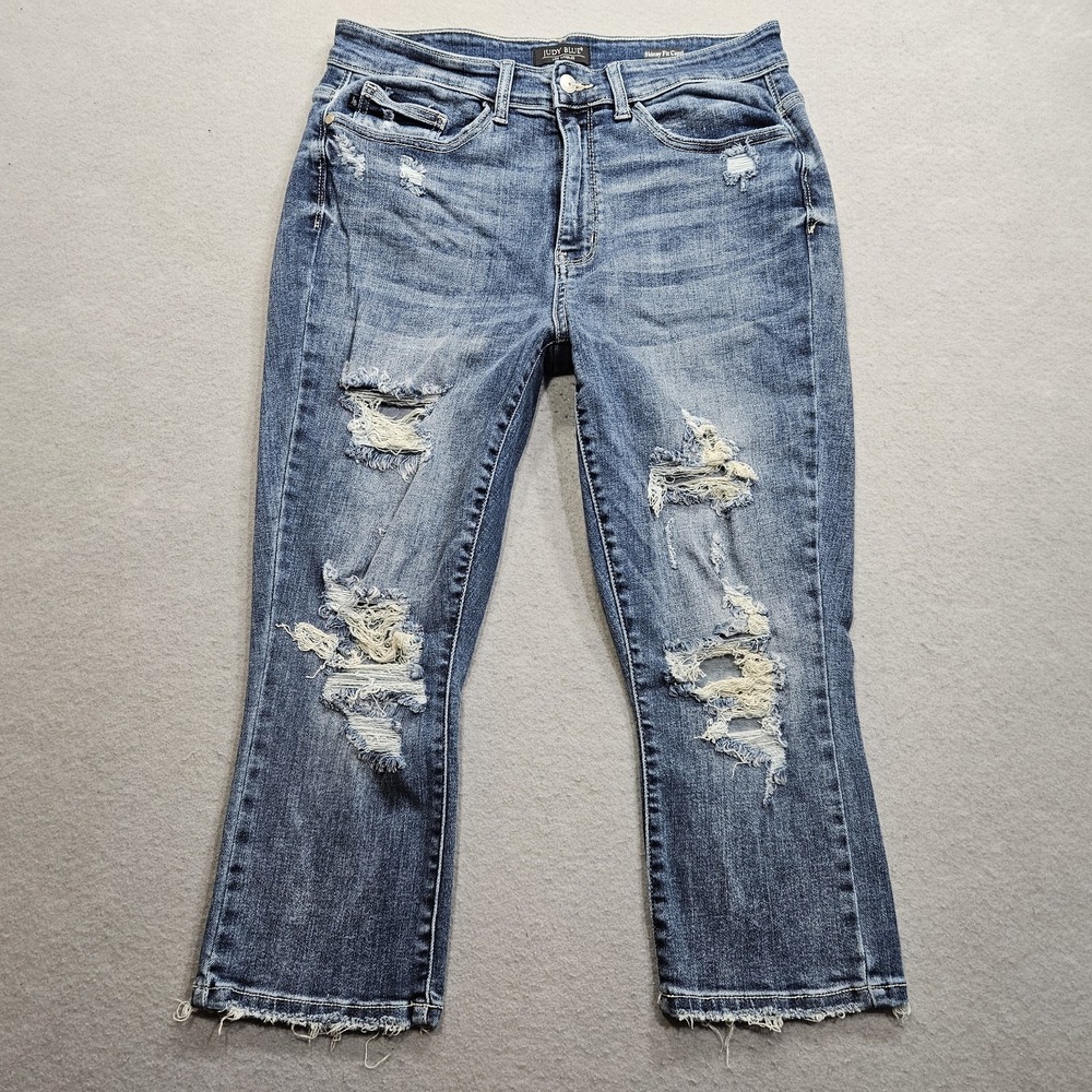 Judy Blue Skinny Fit Capri Jeans Women 14W Blue High Rise Distressed Holey 32x22